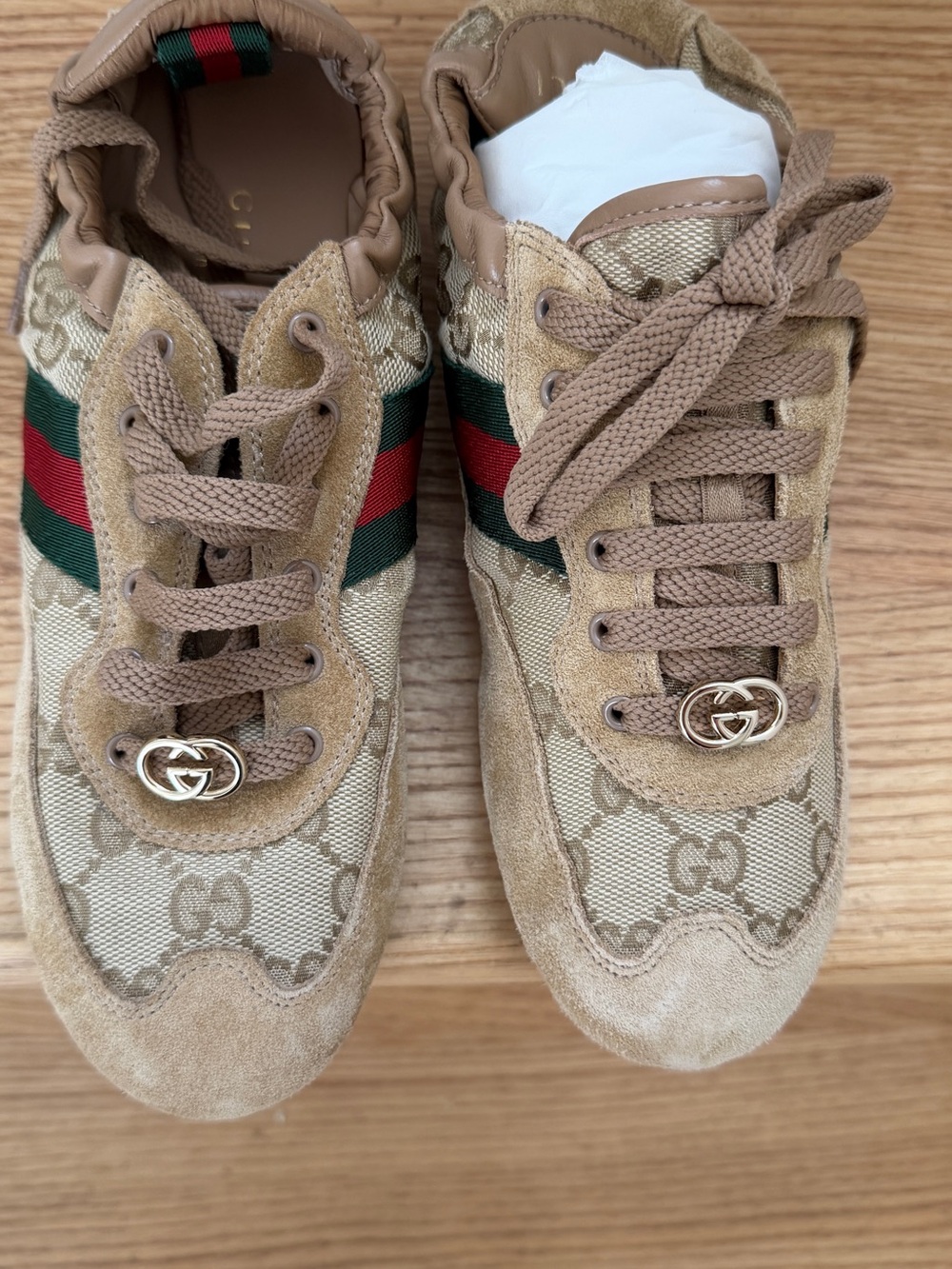 Gucci Beige & Green/Red GG Canvas Sneakers with Gold Double-G